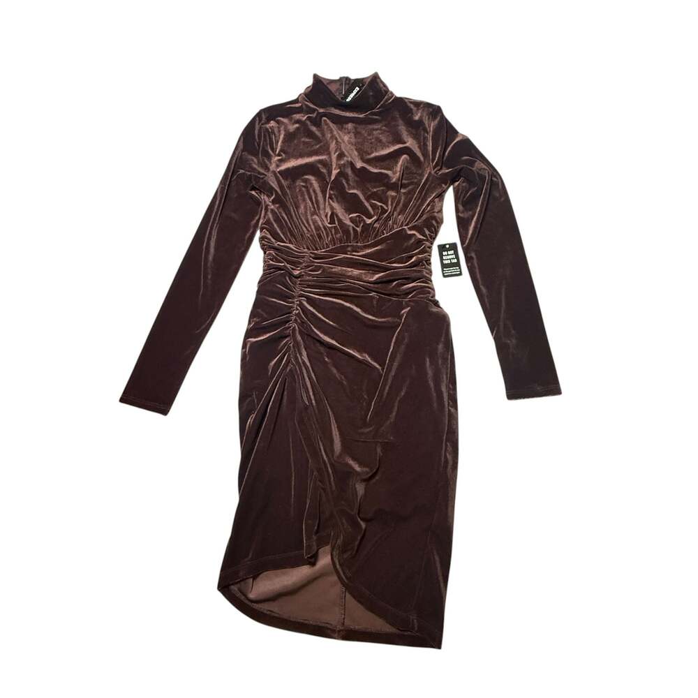 Express Velvet Mock Neck Ruched Long Sleeve Dress Brown Size XS NWT